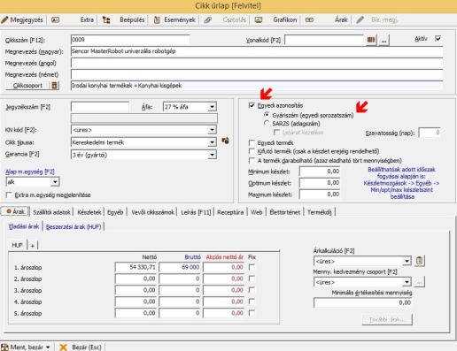 Egyedi azonosítós cikk űrlap